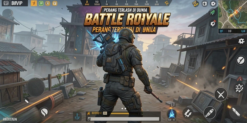 Tampilan gameplay B8VIP yang mendebarkan dan penuh aksi Battle Royale.