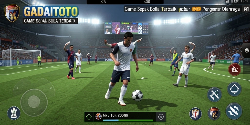 Gameplay GADAITOTO menampilkan aksi sepak bola yang seru dan mendebarkan.