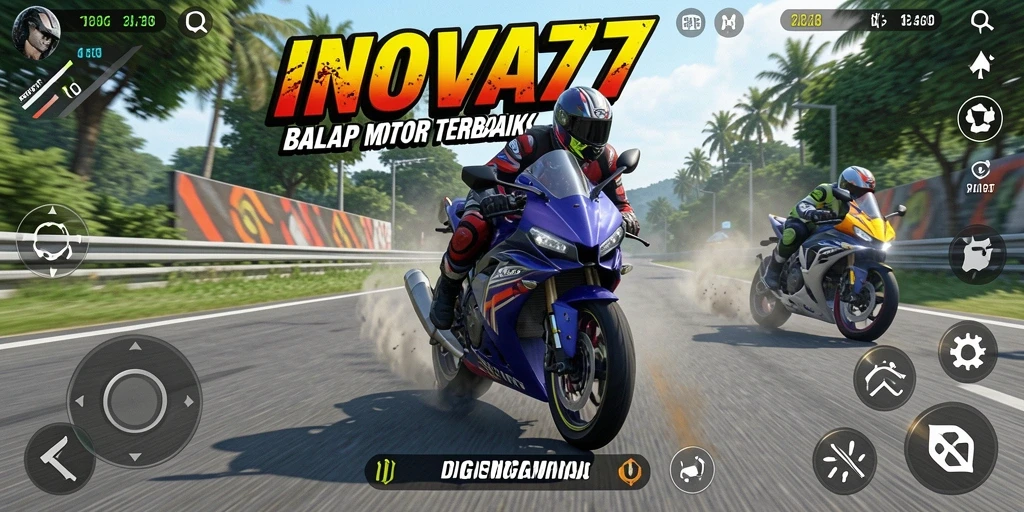 Screenshot INOVA77 menampilkan aksi balap motor yang mendebarkan.