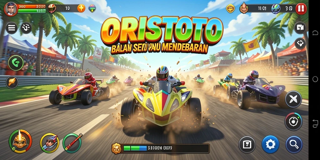 Screenshot gameplay ORISTOTO menampilkan aksi balapan yang mendebarkan.