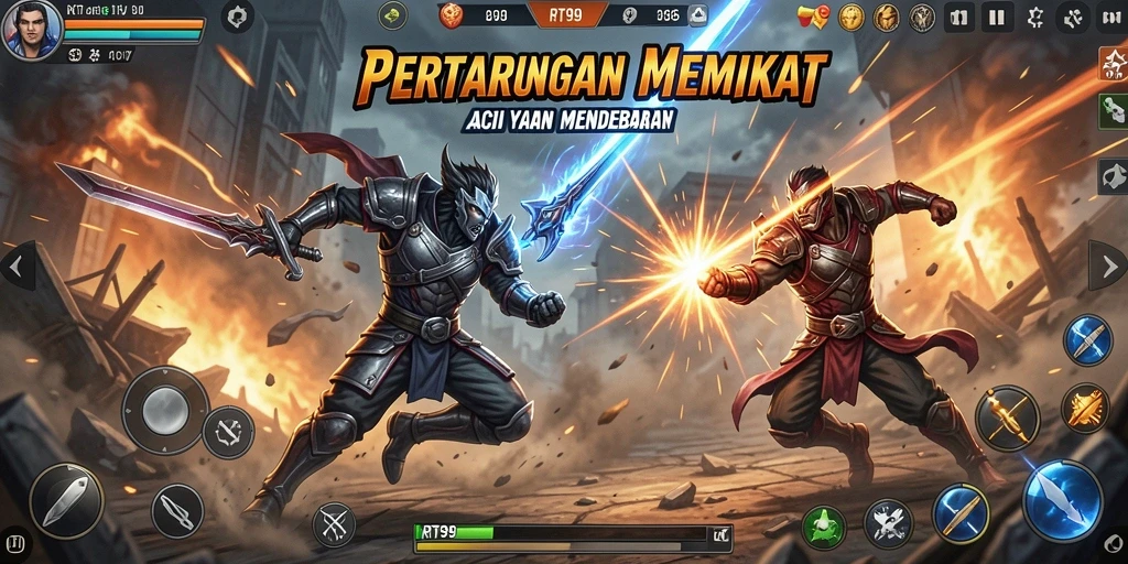 Screenshot RT99 menampilkan pertarungan seru antara karakter dengan efek visual menakjubkan.